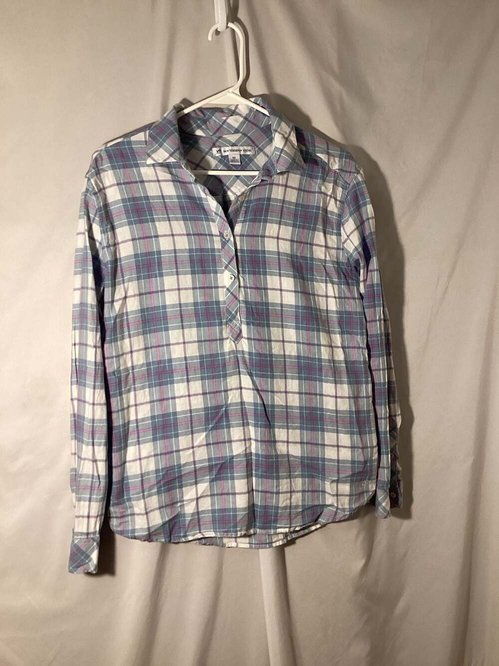 Southern Tide Plaid Flannel Shirt Size M Blue White Cotton Long Sleeve